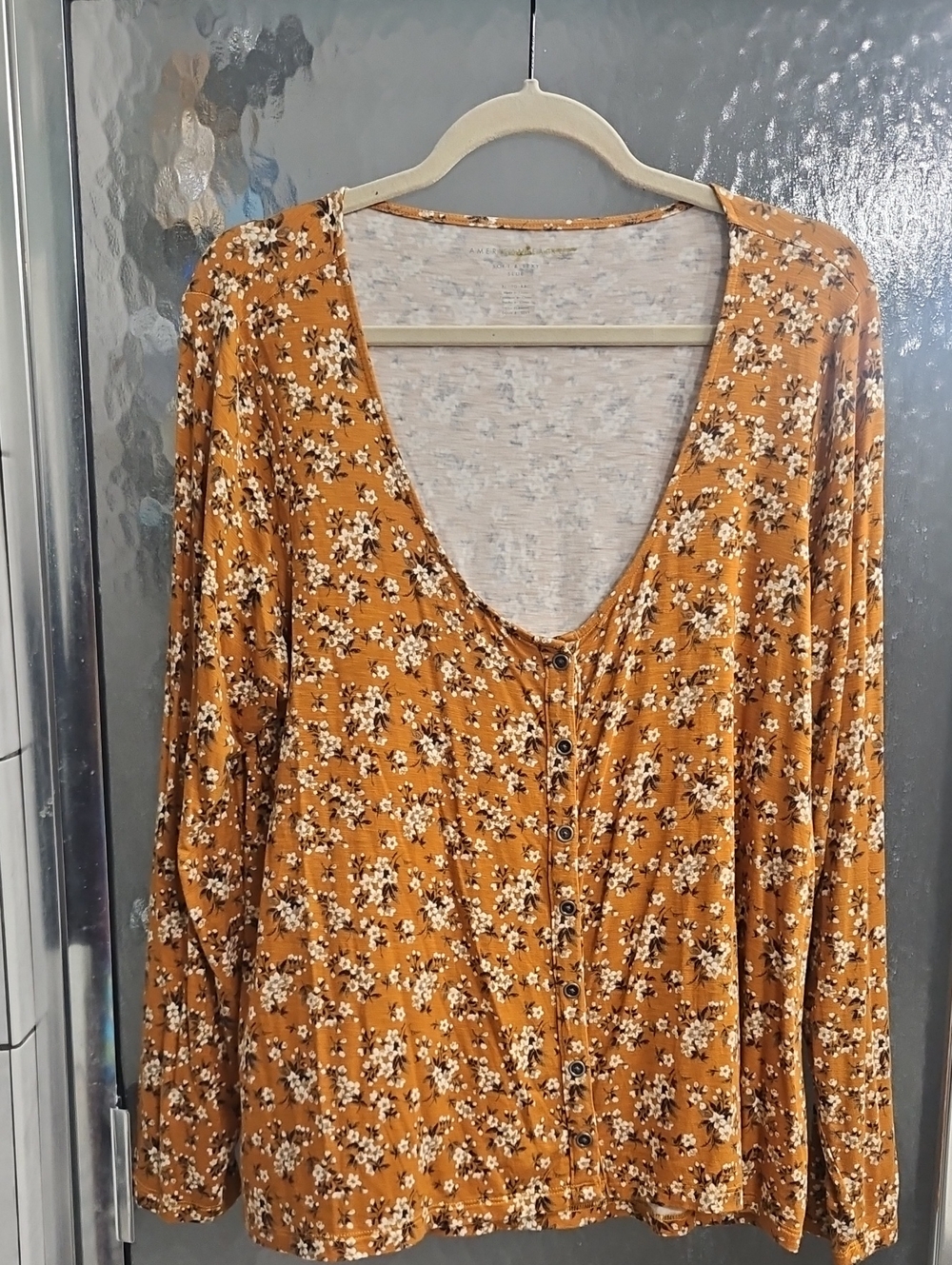 American Eagle Outfitters Mustard Trim Floral Slub Top